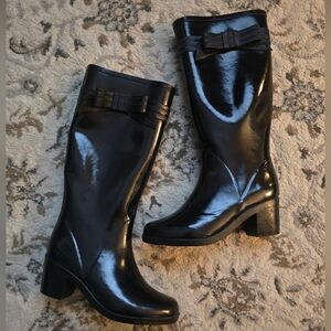 Kate Spade Glossy Black Bow Heeled Boots